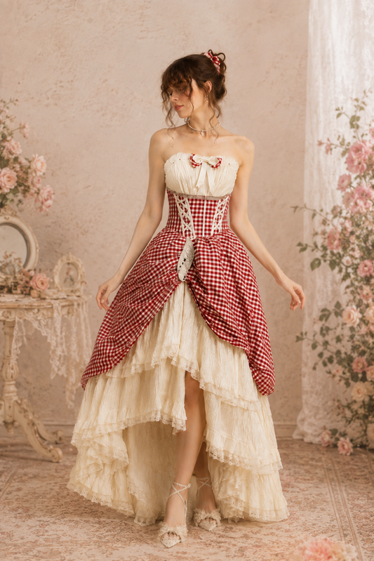 Red Gingham Cotton Bustle Ballgown Dress