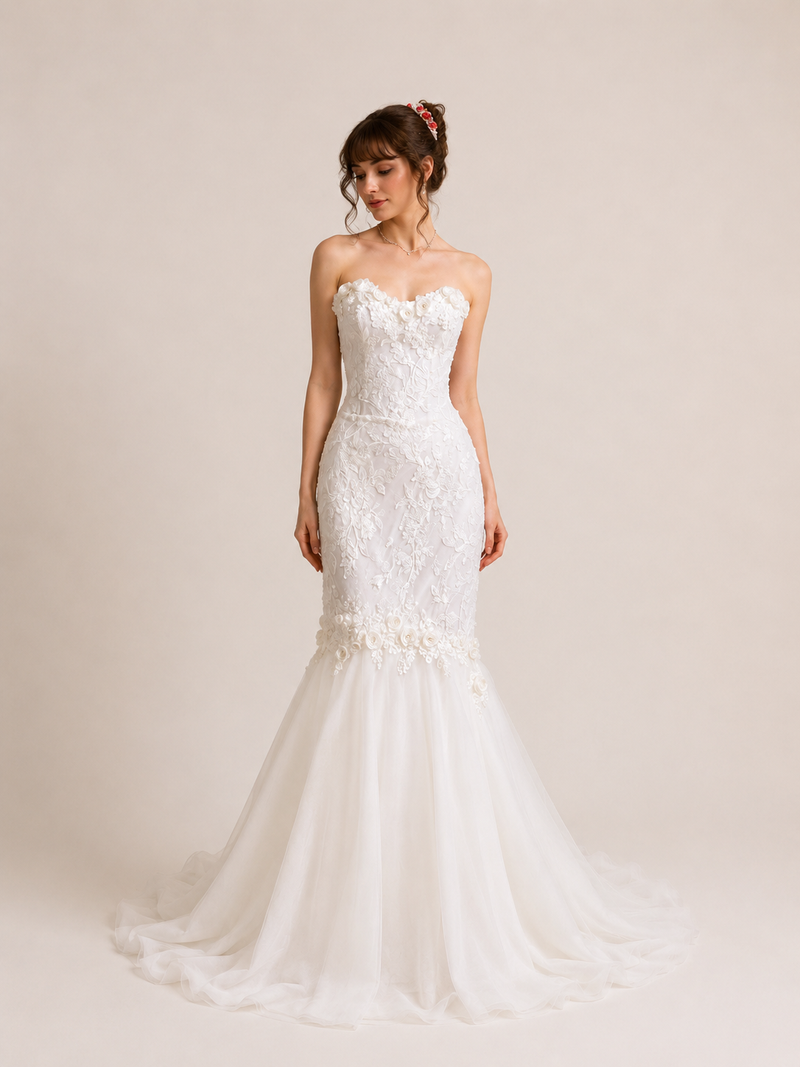Strapless 3D Floral Lace Mermaid Wedding Dress