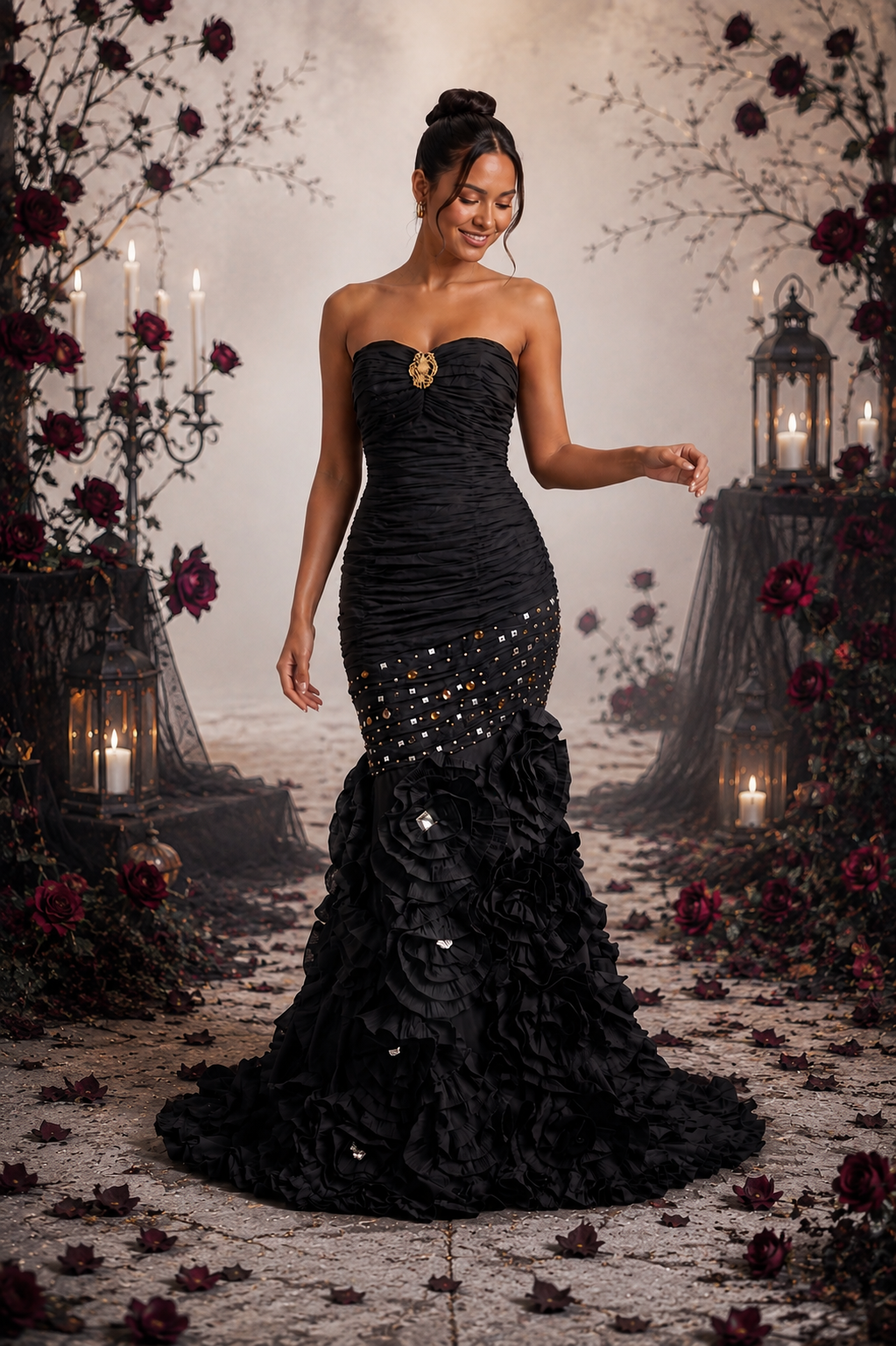 Strapless Ruched Black Mermaid Evening Gown With Ruffled Train