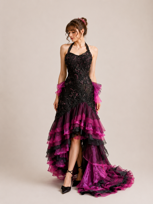 Halter Black Magenta Lace High‑Low Ruffled Evening Gown