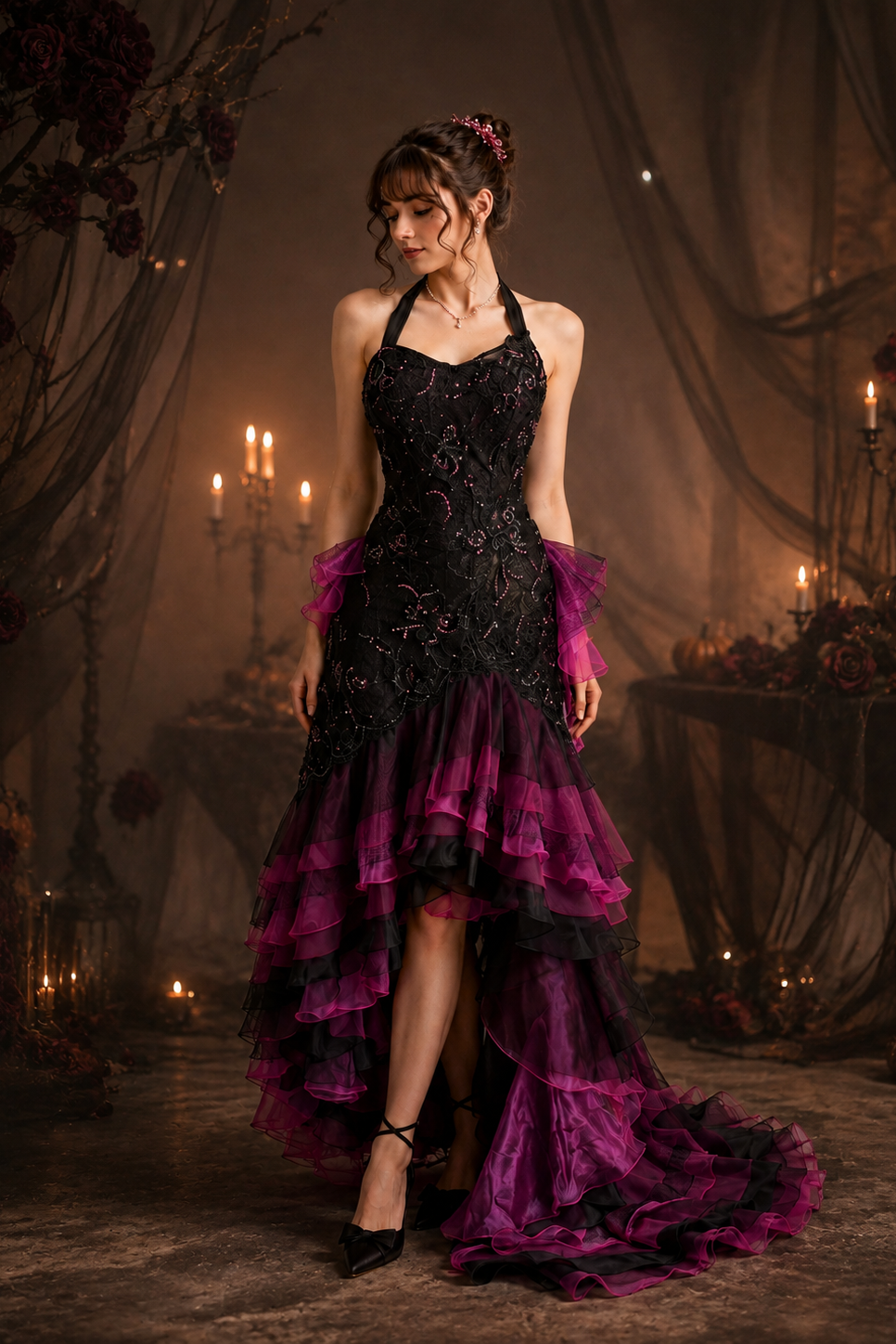 Halter Black Magenta Lace High‑Low Ruffled Evening Gown