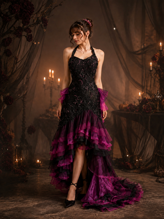 Halter Black Magenta Lace High‑Low Ruffled Evening Gown