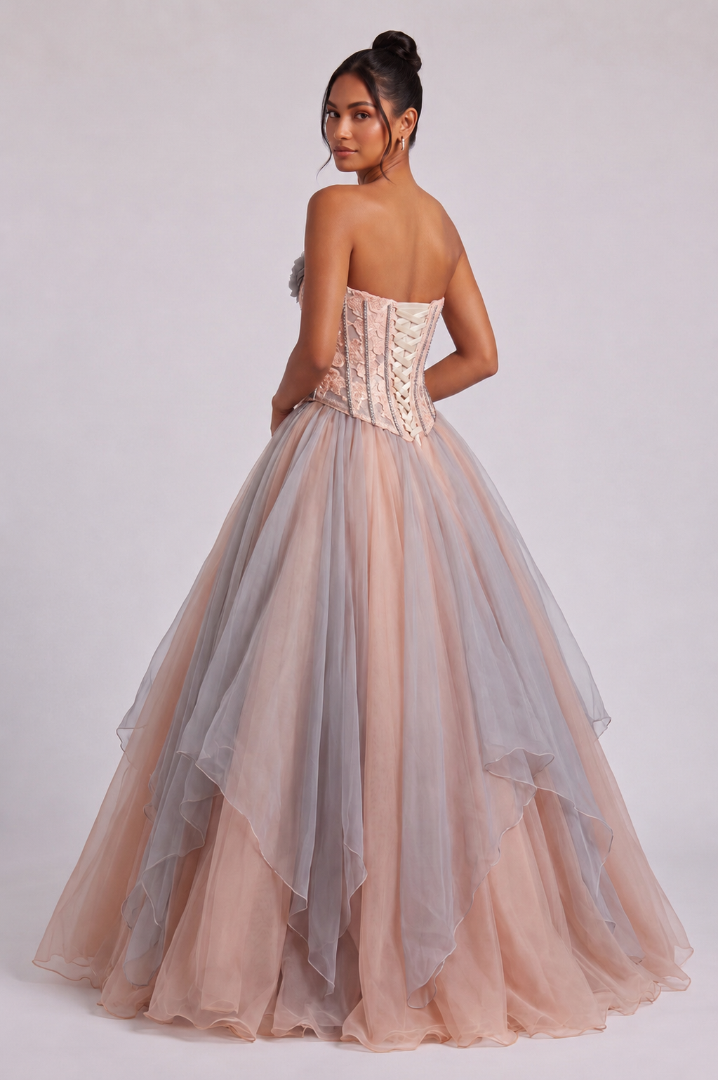 Peach Tulle Ballgown with Grey Floral Embellishments