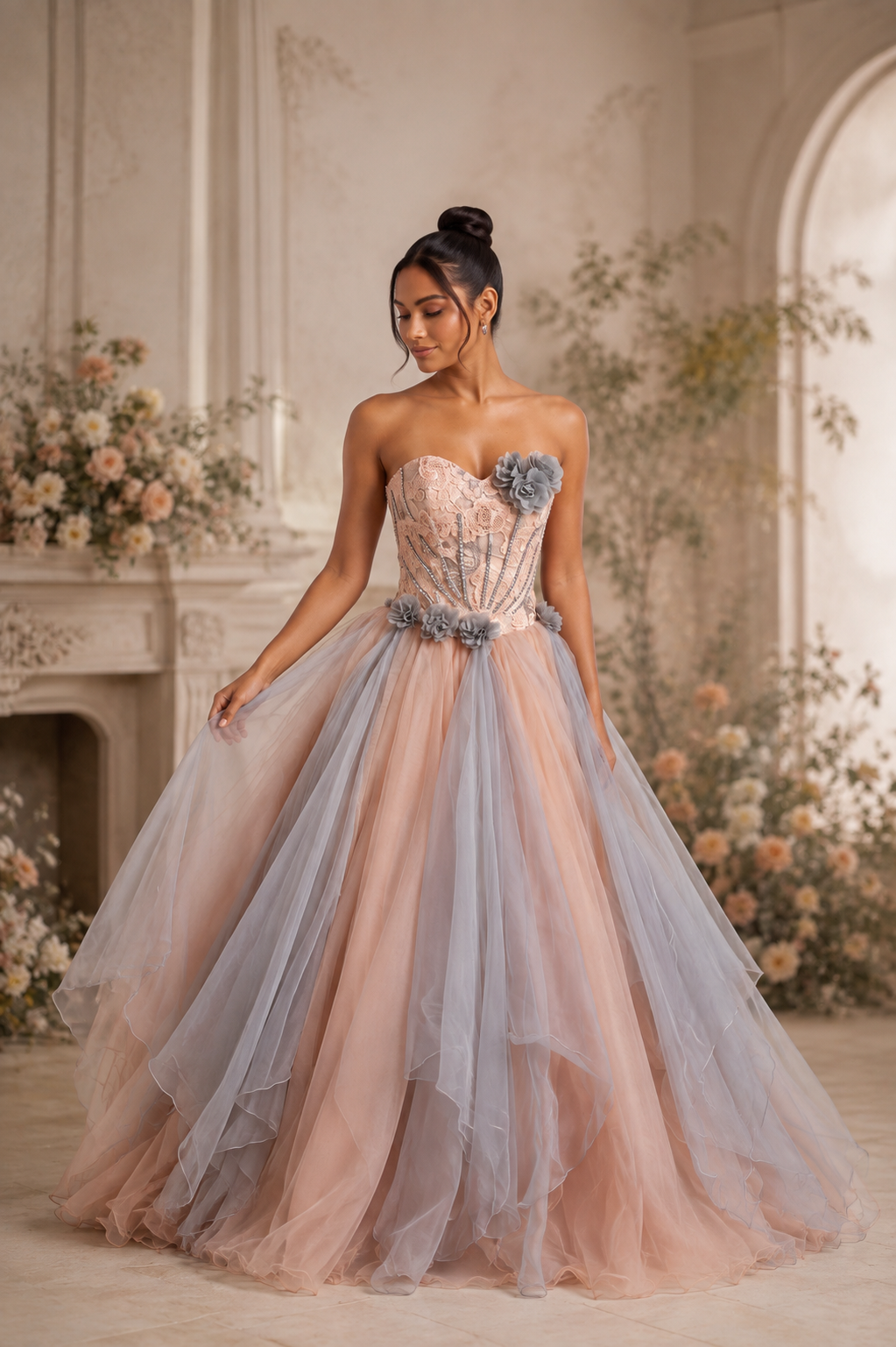 Peach Tulle Ballgown with Grey Floral Embellishments