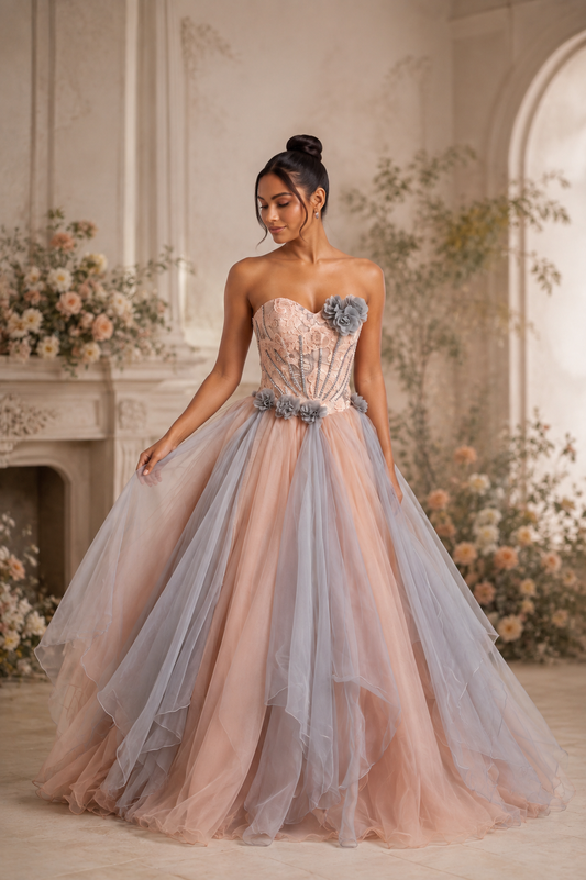 Peach Tulle Ballgown with Grey Floral Embellishments