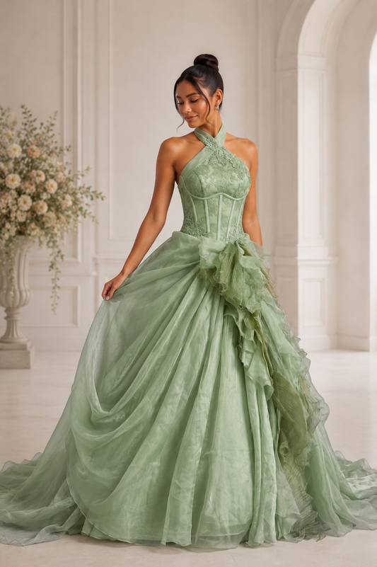 Sage Green Organza Ballgown Gown with Floral Lace and Cascading Ruffles