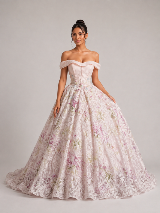 Pale Pink Floral Lace Ballgown Gown