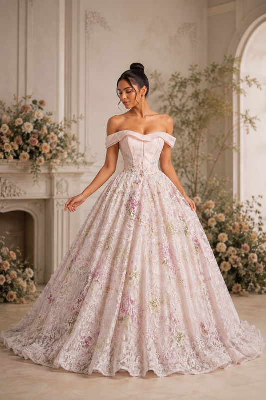 Pale Pink Floral Lace Ballgown Gown
