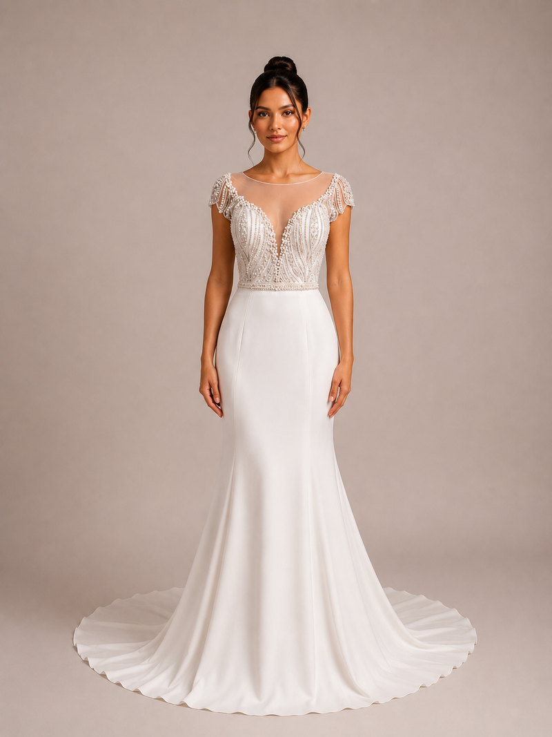 Ivory Crepe Mermaid Gown with Beaded Bodice