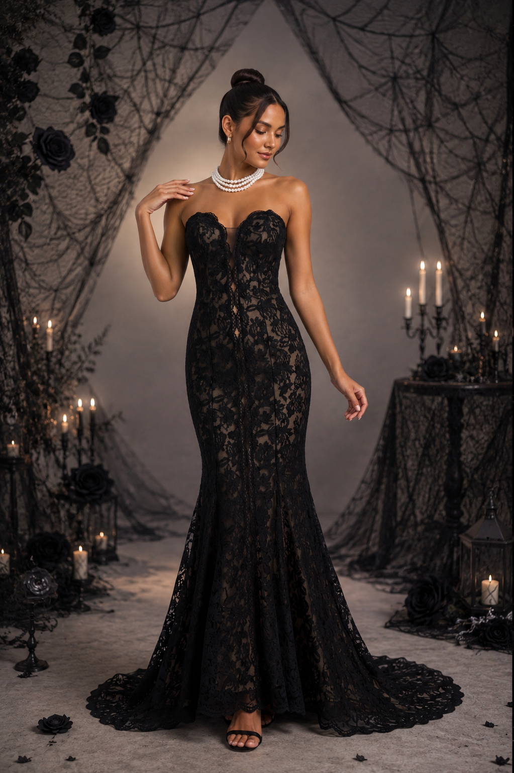 Black Lace Mermaid Gown with Sheer Plunge Detail