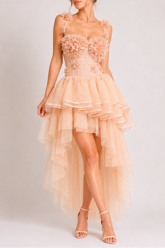 Blush Spaghetti Strap 3D Floral Corset Top & High Low Tiered Tulle Skirt Set