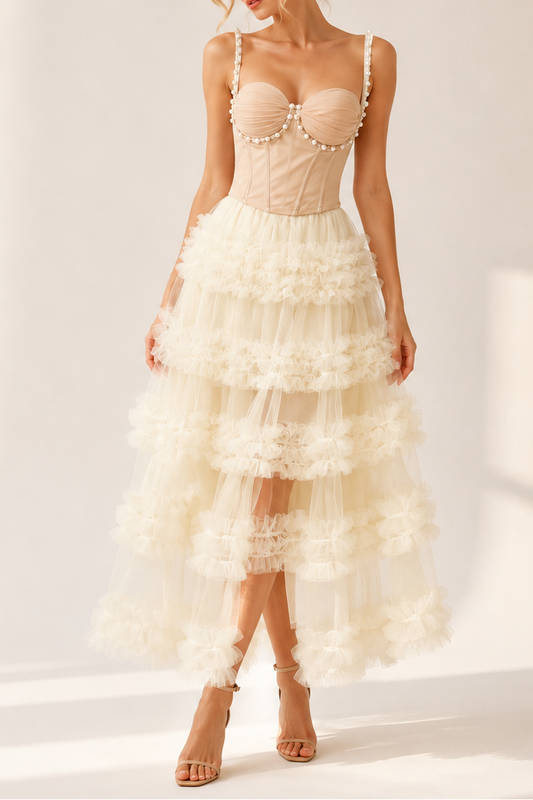 Nude Pearl Strap Sweetheart Corset Top & Tiered Ruffle High Low Tulle Midi Skirt Set