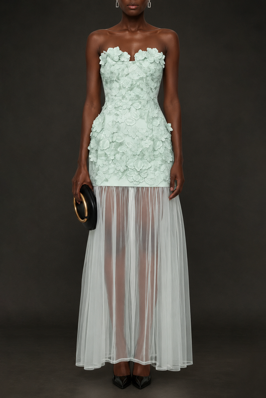 Pansya Floral Embroidery Strapless Maxi Dress - Mint