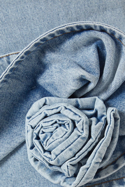 Floral Appliqué Halter Denim Mini Dress