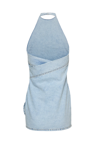 Floral Appliqué Halter Denim Mini Dress