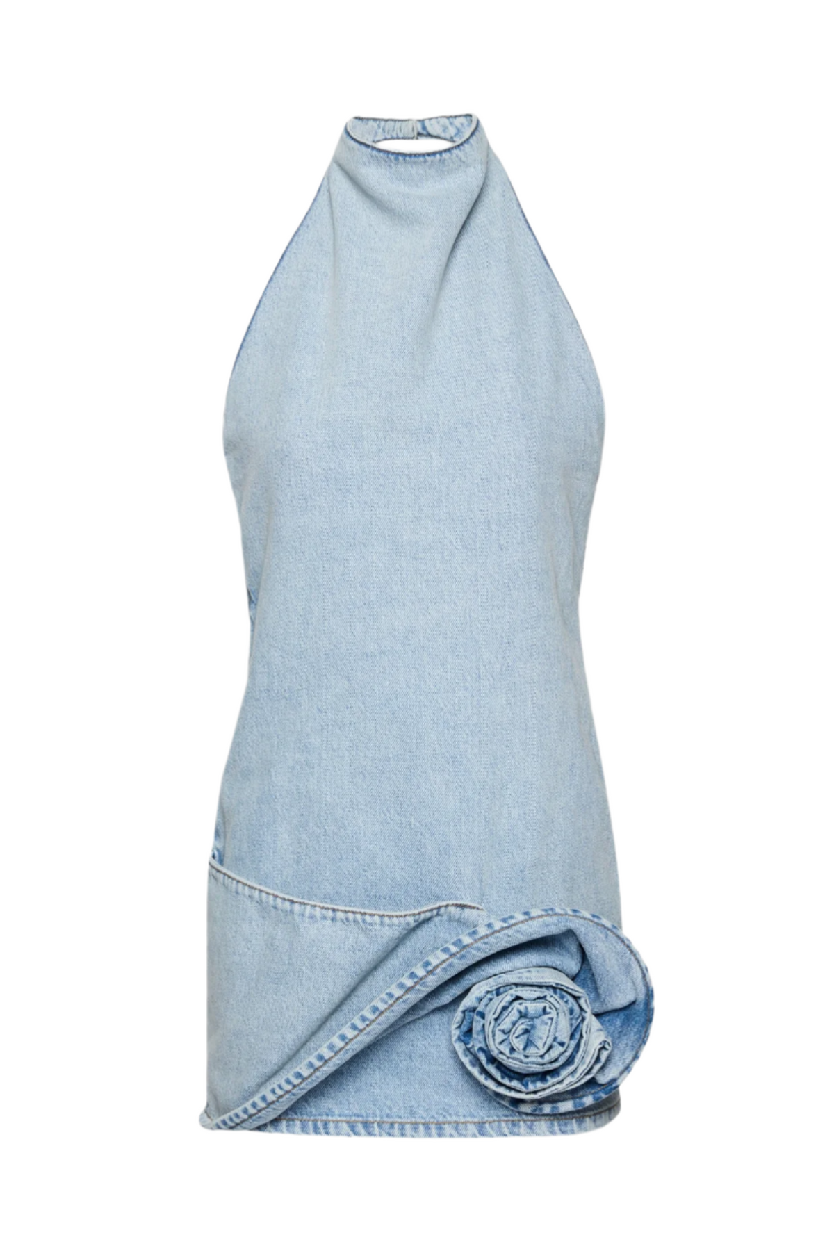 Floral Appliqué Halter Denim Mini Dress