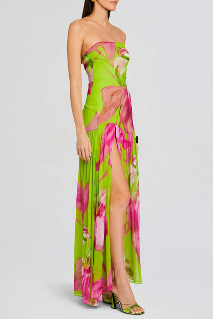 Shmaka Floral Print Strapless Slit Maxi Dress - Green