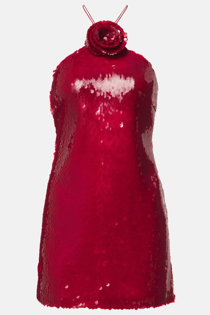 Cinwa Floral Appliqué Halter Sequin Mini Dress - Red