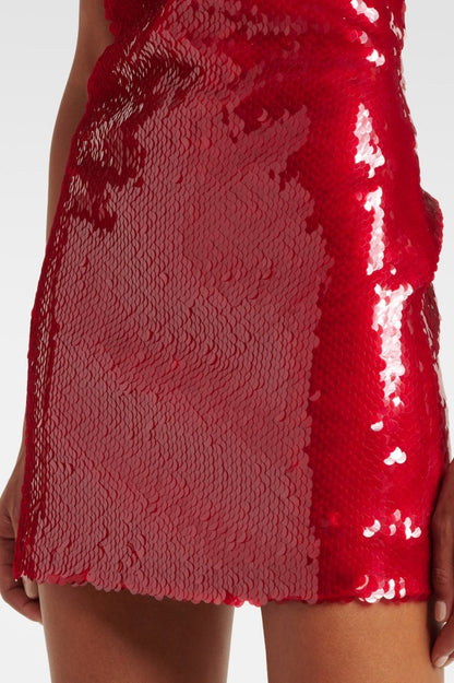 Cinwa Floral Appliqué Halter Sequin Mini Dress - Red