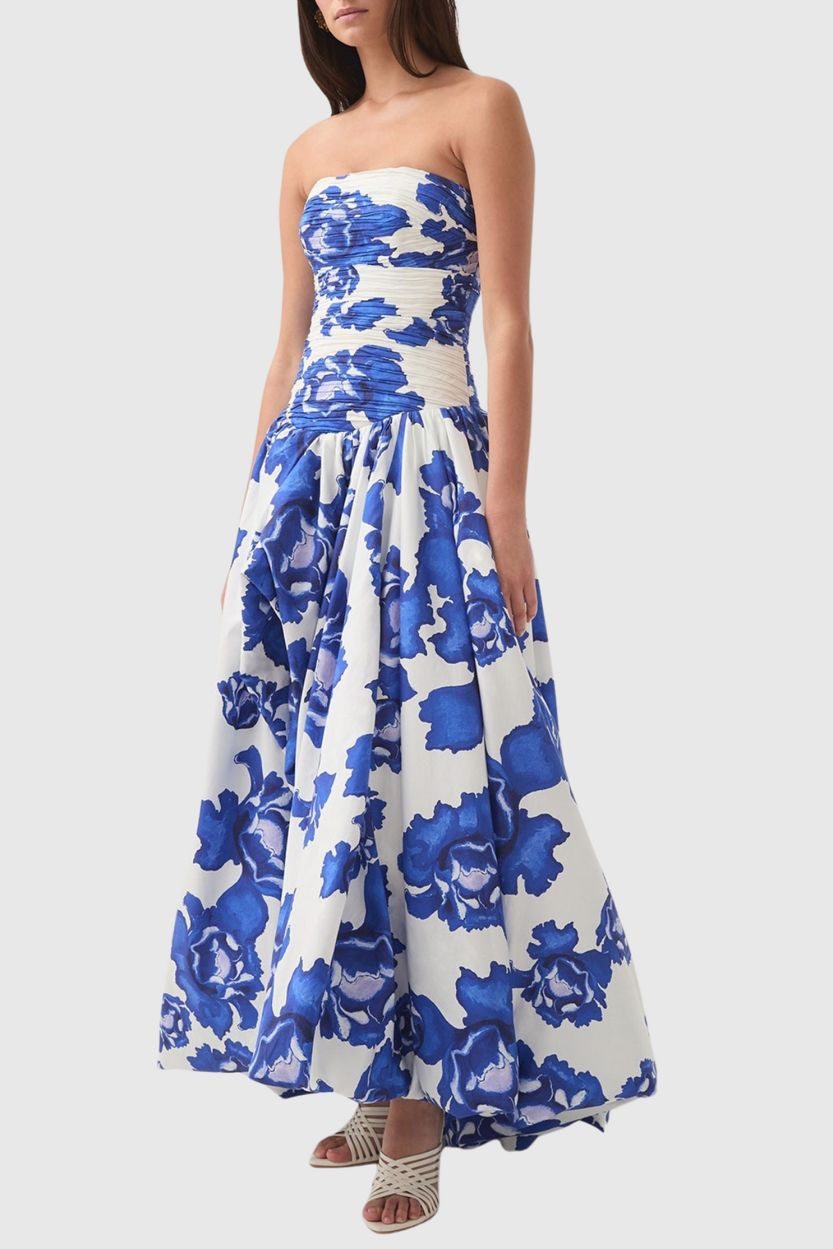 Coleka Floral Print Strapless Ruched Maxi Dress - Blue