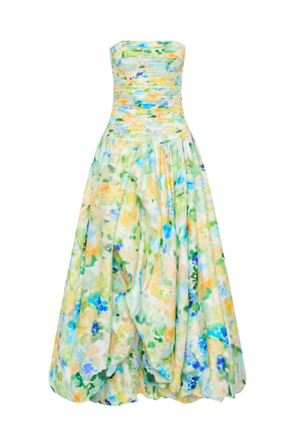 Coleka Floral Print Strapless Ruched Maxi Dress - Green