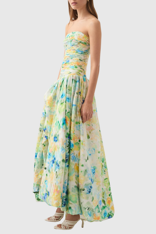 Coleka Floral Print Strapless Ruched Maxi Dress - Green