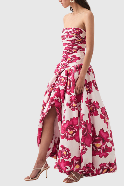 Coleka Floral Print Strapless Ruched Maxi Dress - Pink
