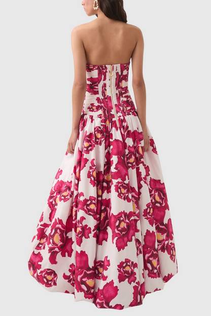 Coleka Floral Print Strapless Ruched Maxi Dress - Pink