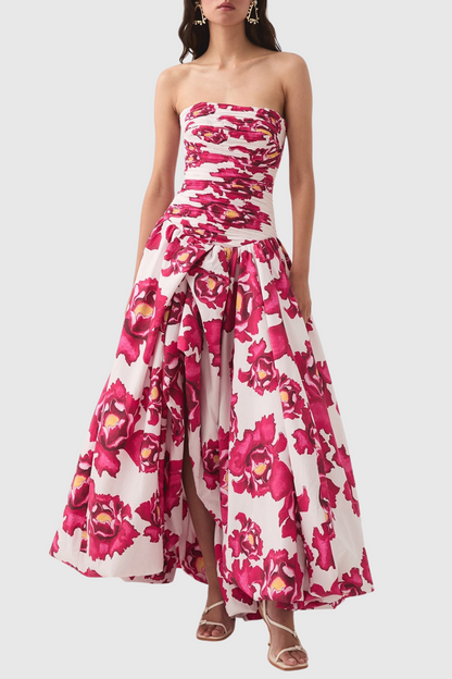 Coleka Floral Print Strapless Ruched Maxi Dress - Pink