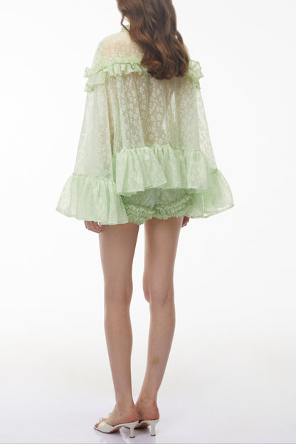 vanessa Mint Green Floral Lace Ruffled Top & Shorts Set