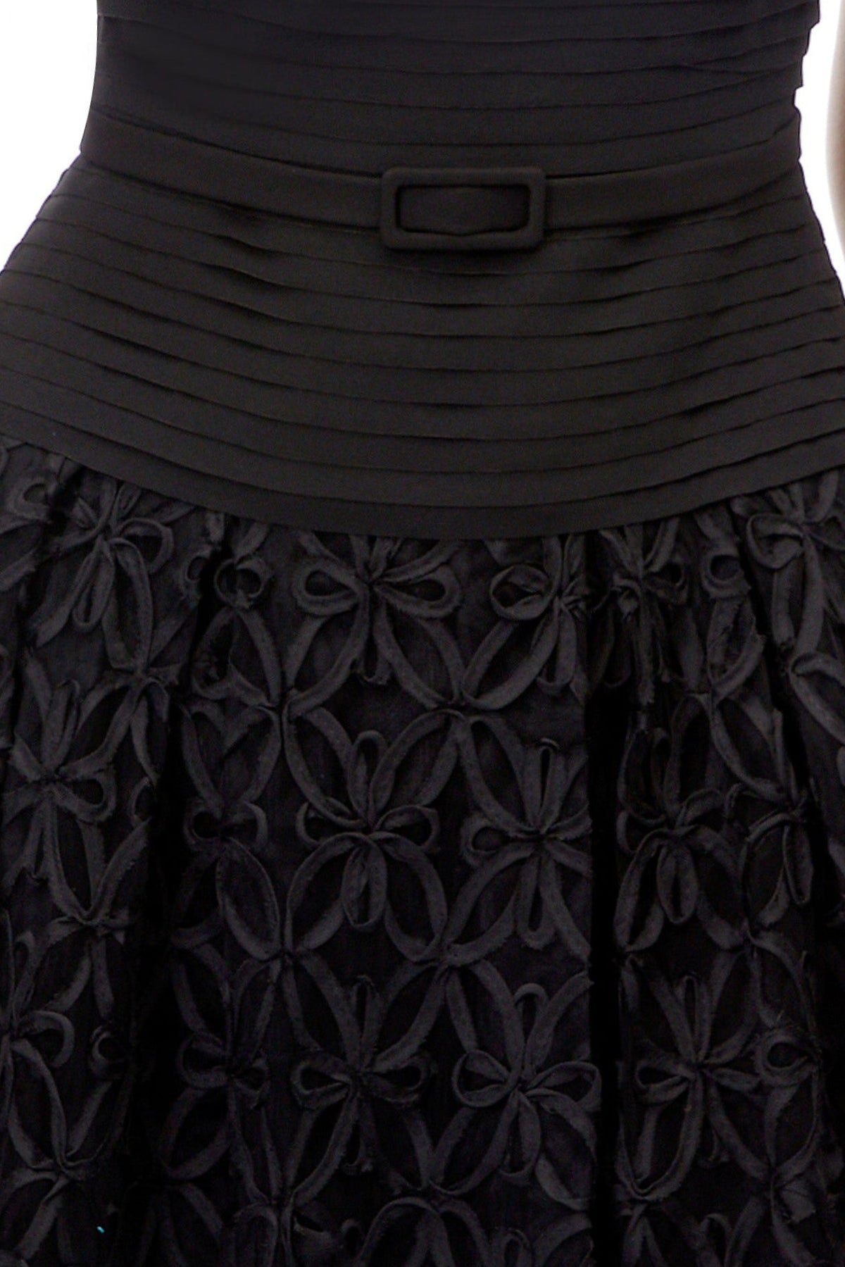 Black Spaghetti Strap Pleated Bodice Floral Cutout Lace Midi Dress