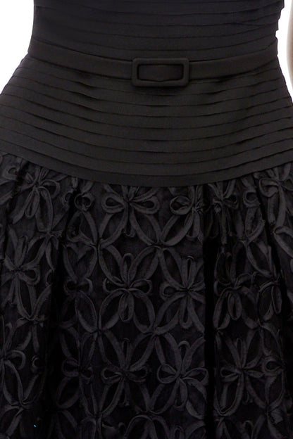 Black Spaghetti Strap Pleated Bodice Floral Cutout Lace Midi Dress