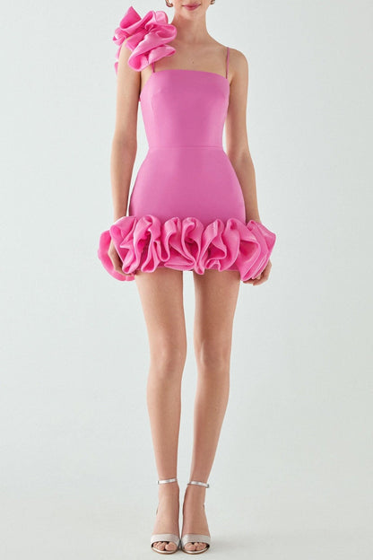 Ruffle one shoulder mini dresses in pink