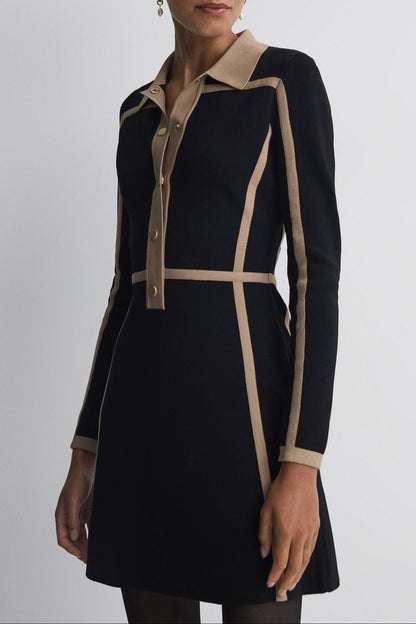 Contrast Trim Press-Stud Mini Dress in Black/Camel
