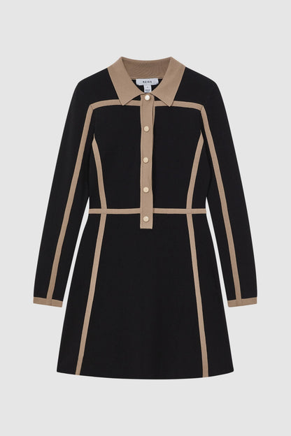 Contrast Trim Press-Stud Mini Dress in Black/Camel