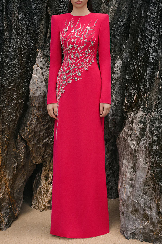 hilary red padded shoulder crystal embellished straight maxi dress