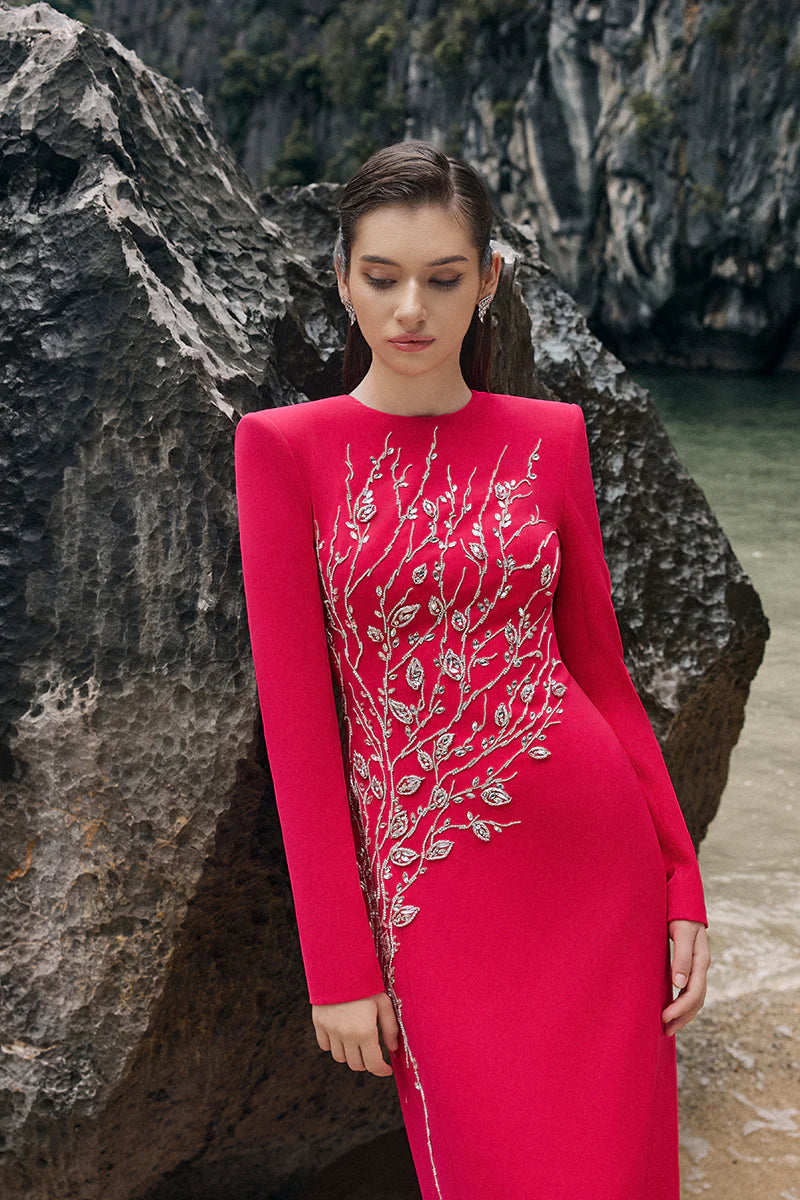 hilary red padded shoulder crystal embellished straight maxi dress