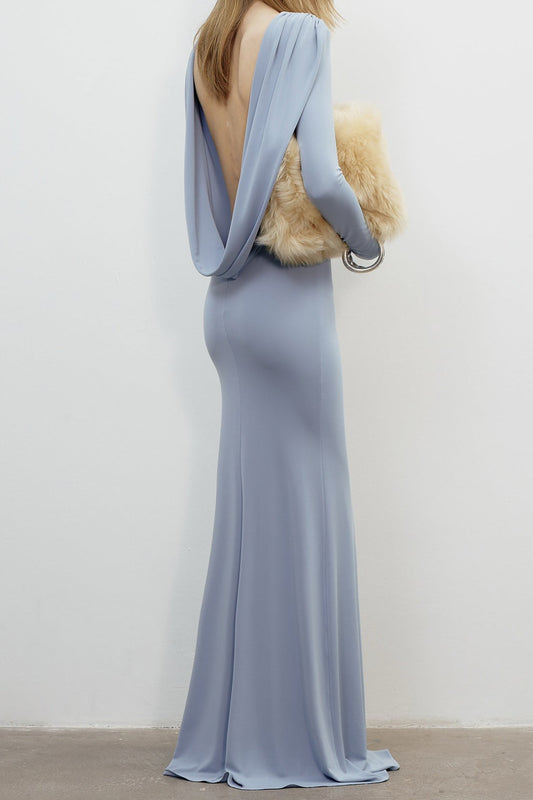 vicky Knitted long sleeves backless bodycon maxi dress in blue