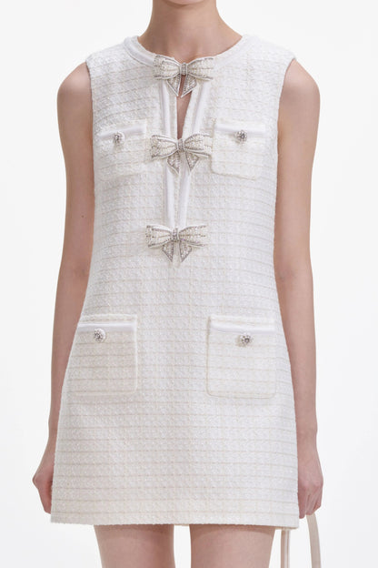 Cream Boucle Bow Mini Dress