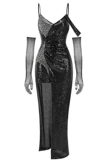 ashley sequin strap maxi dress in black