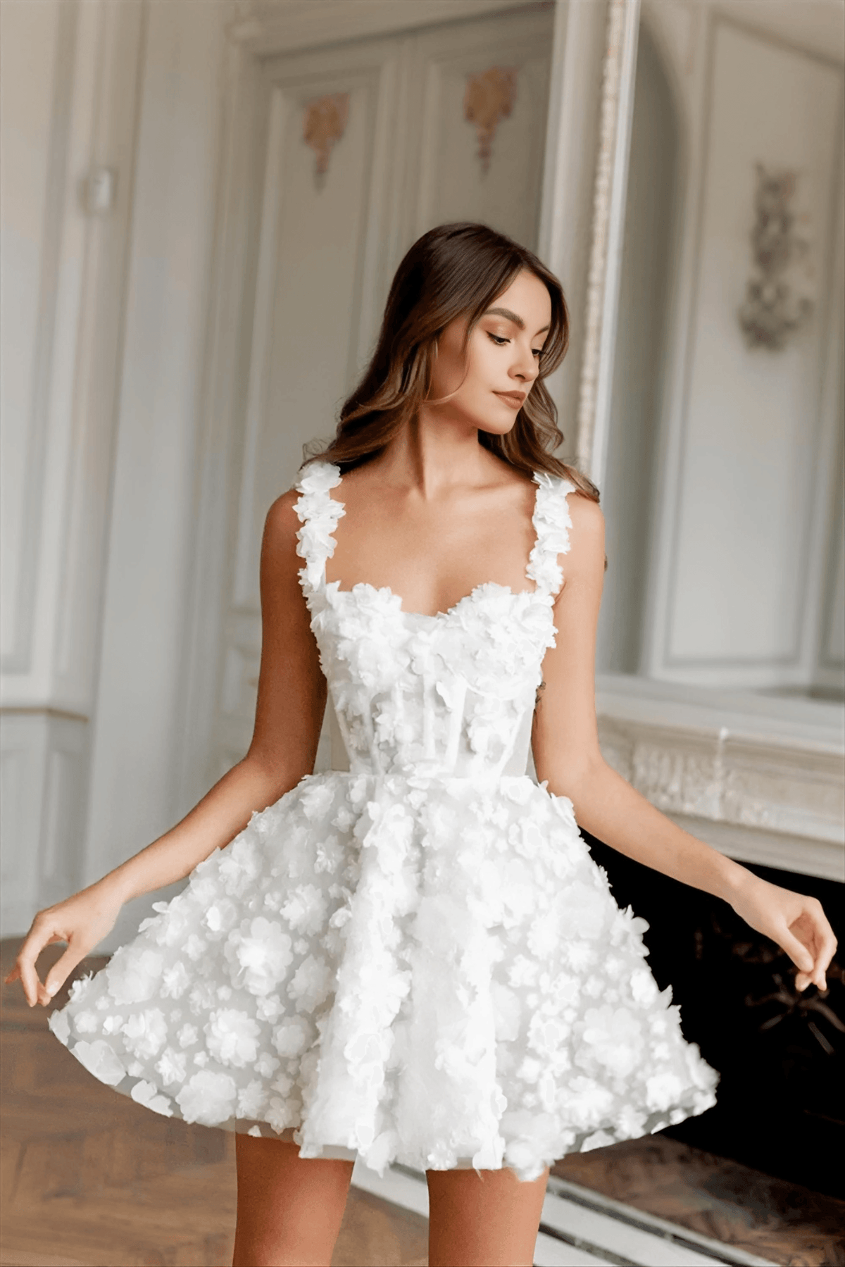White Flower Lace Embroidery Lace-Up Spaghetti Strap Mini Dress