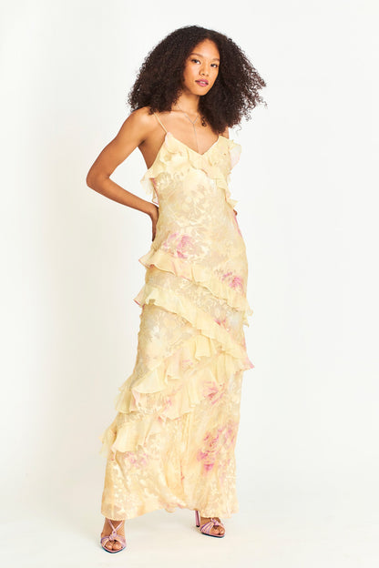 wendy ruffle trim Floral Chiffon Maxi Dress in yellow