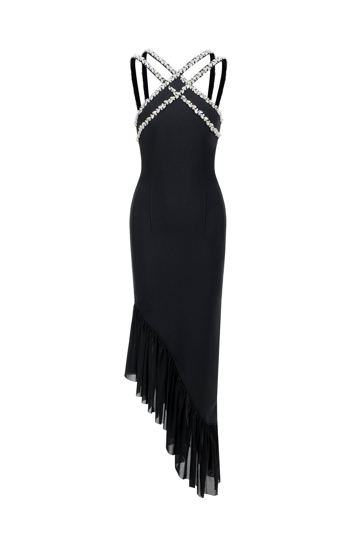 Black Rhinestone Crisscross Halter Asymmetric Pleated Midi Bandage Dress