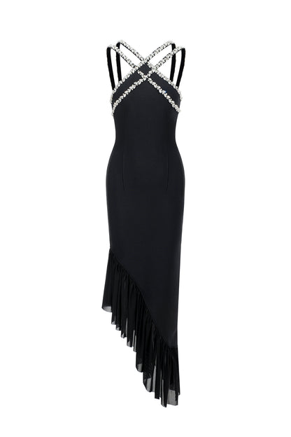 Black Rhinestone Crisscross Halter Asymmetric Pleated Midi Bandage Dress