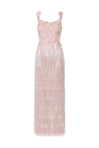 Opala Sleeveless Flowers Diamond Tassels Maxi Dress