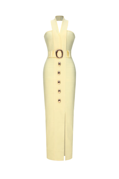 Pale Yellow Deep V Halter Neck Wide Gold Buckle Belt Metal Button Front High Side Slit Bandage Midi Dress