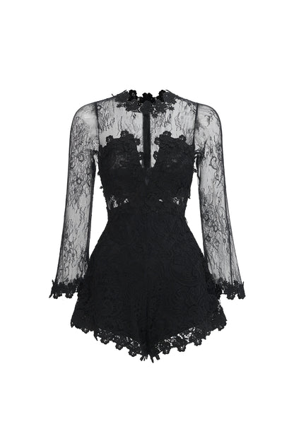 Sheer Lace Long Sleeve Skort Romper