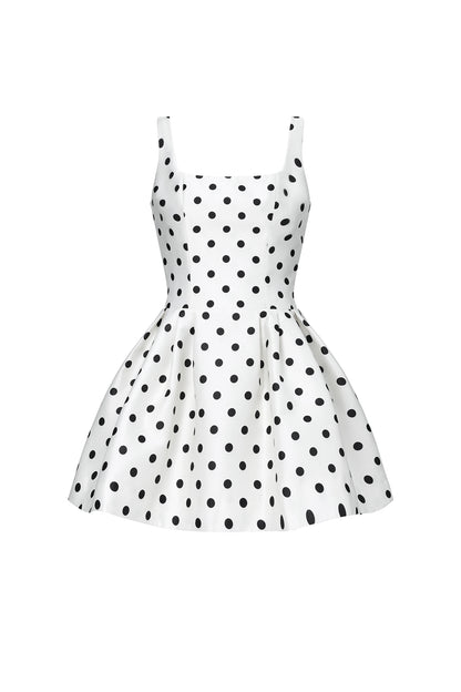 White Black Polka Dot Satin Square Neck Sleeveless Fit & Flare Mini Dress