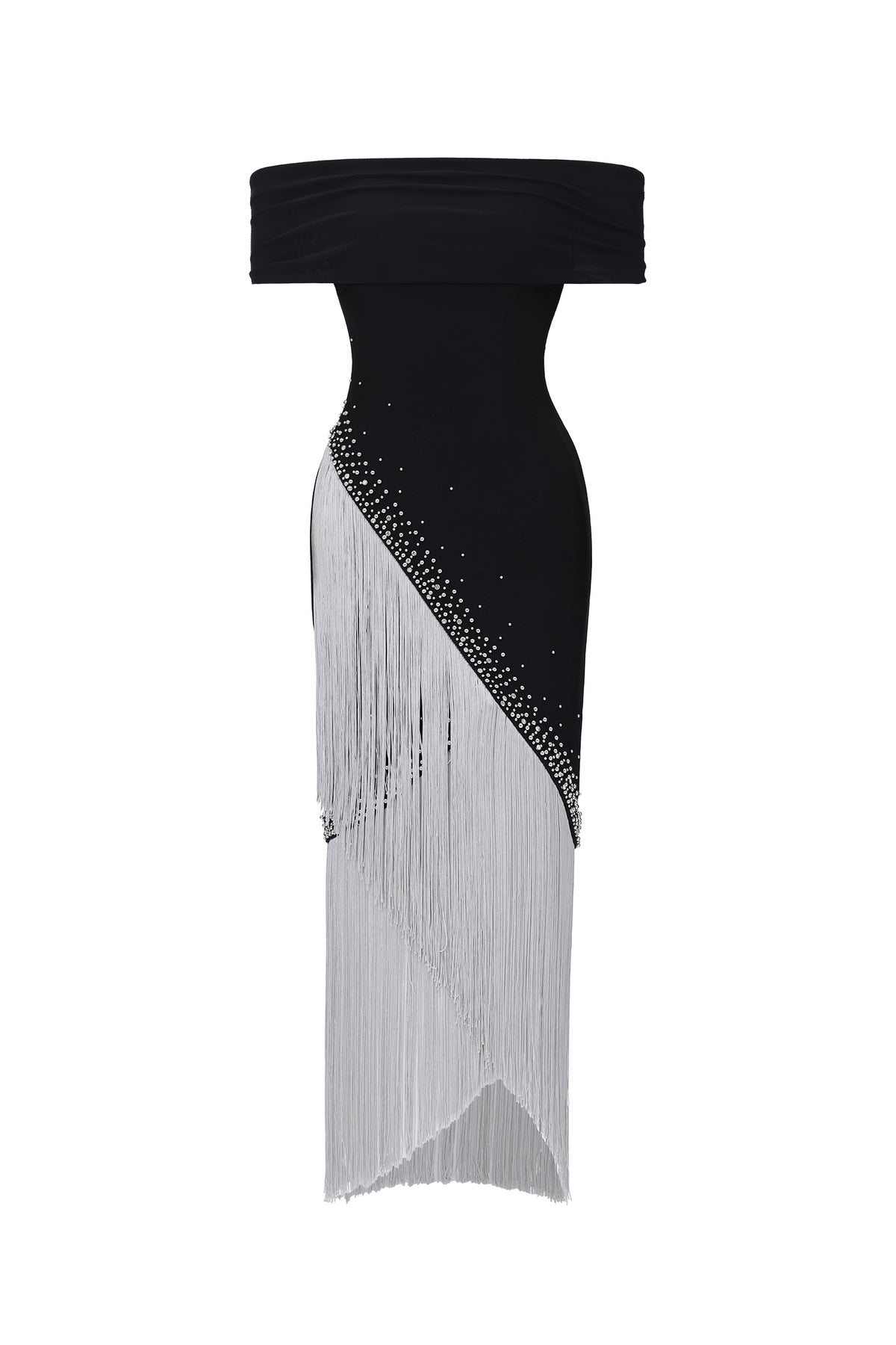 Off Shoulder Rhinestone Diagonal Fringe Midi Bandage Dress