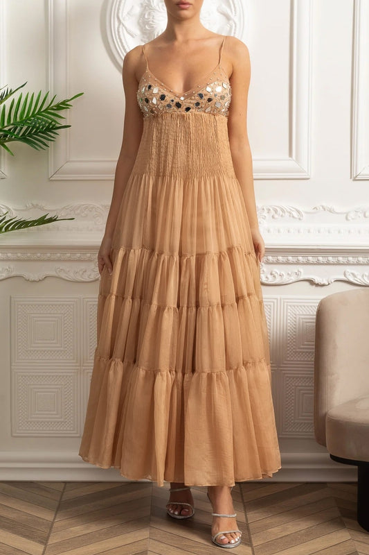 helen rhinestone beading pleated maxi dress -  beige